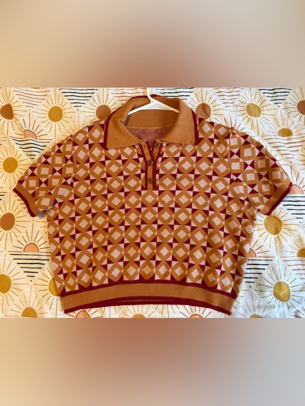 Cider Women’s Geometric V-Neck Polo Sweater in Rust & Burgundy